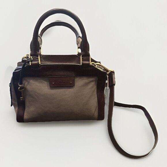 FOSSIL Logan Leather GREY /Brown Bi-Color Satchel Small Crossbody w Strap - Picture 1 of 9
